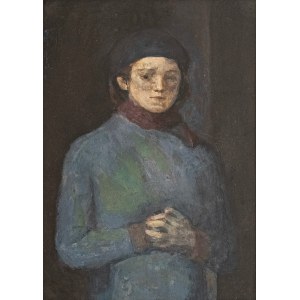 Aleksandra Waliszewska, Porträt einer Frau in blauem Mantel und Baskenmütze