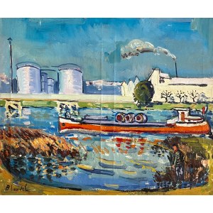 Aleksander (Sasza, Szaje) Andre, Andrej BLONDER (BLONDEL) (1909-1949 Paryż), Pejzaż fabryczny z barką i rybakiem