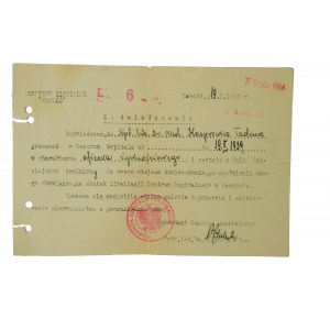 CERTIFIKÁT Nemocniční centrum Zamosc 19.X.1939. Velitelství polní nemocnice, [BS].