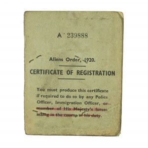 Certifcate of Registration / Certyfikat rejestracji imigranta dla polskiego lotnika w Wielkiej Brytanii [Karol Miller], ze zdjęciem, liczne stemple policyjne,