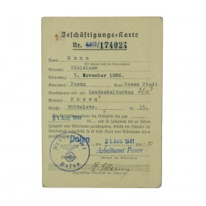 Beschäftigungs karte / Karta zatrudnienia nr 460/174024, Urząd Gospodarki Wodnej Poznań 21.8.1941r.