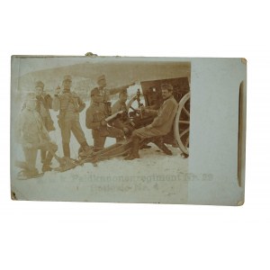 K.u.k. Feldkanonenregimet Nr. 29 Batterie Nr. 4 fotografia pocztówkowa, żołnierze przy armacie