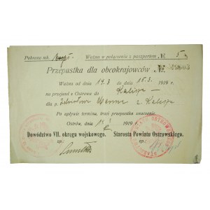 VORSCHRIFT FÜR AUSLÄNDER Nr. 49603, Stempel Starosty des Kreises Ostrów, Ostrów 14.3.1919r. Kommando des VII Militärbezirks
