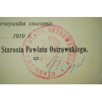 PRZEPUSTKA dla obcokrajowców nr 49603, stempel Starostwo Powiatu Ostrowskiego, Ostrów 14.3.1919r. Dowództwo VII okręgu wojskowego