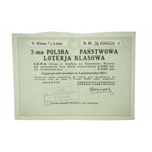 Coupon 7- Polish State Class Lottery, 5th class 1/4 ticket, drawing from September 5 to October 8, 1923.