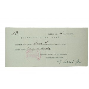 POZWOLENIE NA BROŃ , Kalisz 15. November 1918, Unterschrift eines Vertreters der Rüstungsabteilung beim Stab des Stadtkommandanten