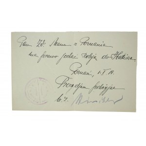 [POWSTANIE WIELKOPOLSKIE] POZWOLENIE na przejazd koleją, Prezydium policyjne Poznań 1.I.1919r.
