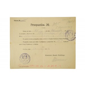 PRZEPUSTKA nr 1085 na przejazd z Kalisza do Skalmierzyc, Komisarz Rządu Polskiego 20.12.1918r.