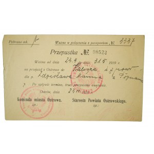 PRZEPUSTKA nr 98522 na przejazd z Ostrowa do Kalisza i z powrotem I baon 2 pułku strzelców wielkopolskich 23.4.1919r.