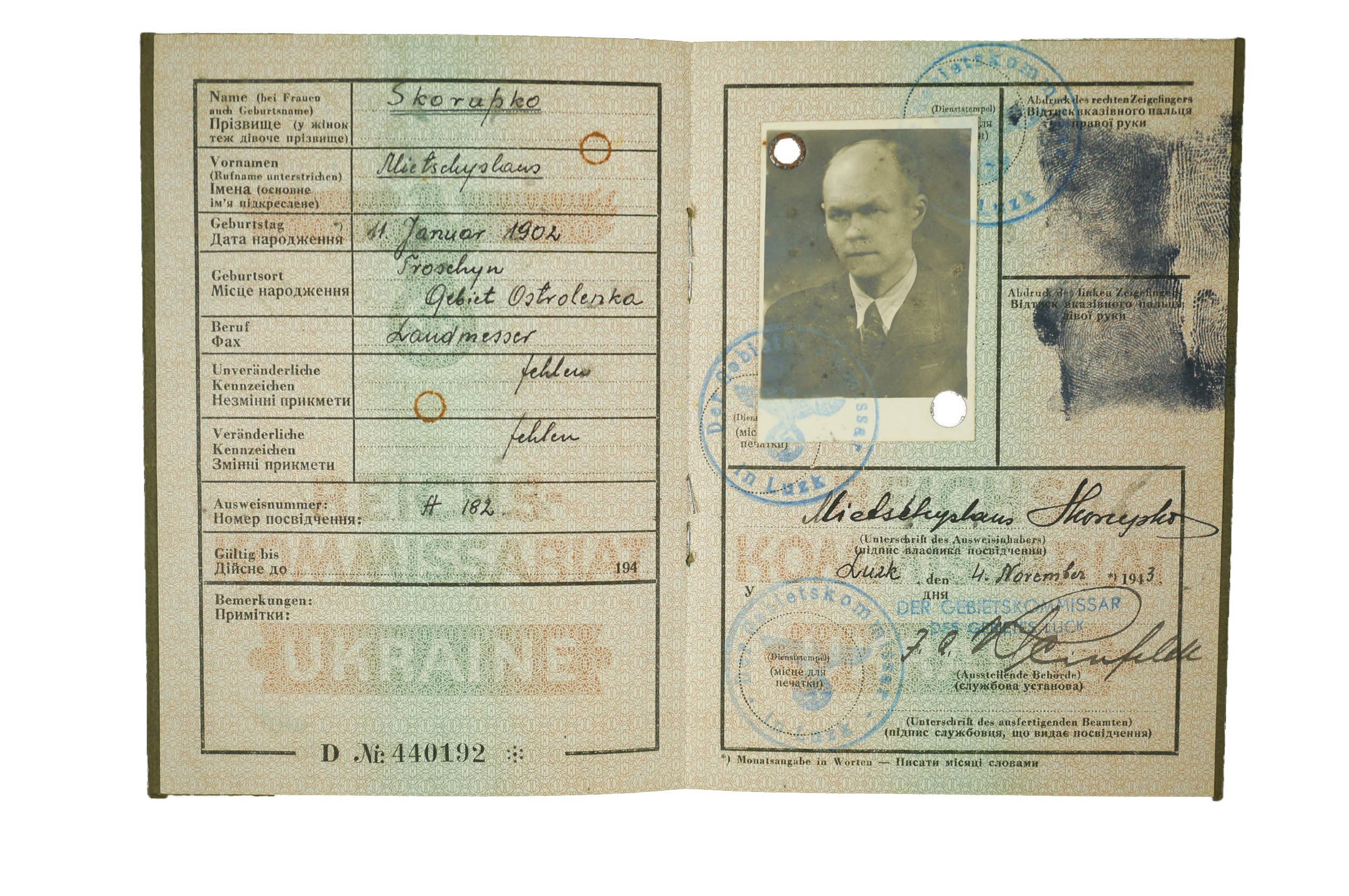 米国1900年初期郵便局員手紙バック REICHSKOMMISSARIAT UKRAINE Personenausweis / Рейхскомиссариат