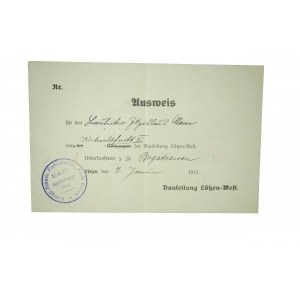 [Twierdza Giżycko - Festung Boyen] AUSWEIS do przekroczenie bram twierdzy Giżycko - Fort Boyen, dokument datowany 7.I. 1915r
