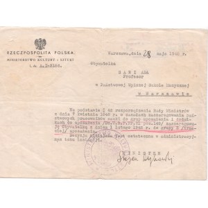 Ada Sari - Pismo 1948 r., Dokument, Grupa uposażenia , Ministerstwo K i S