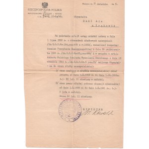 Ada Sari - Pismo z 1946 r. Dokument Ministerstwo Kultury i Sztuki
