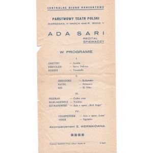 Ada Sari - Program Recital Śpiewaczy Warszawa 1946 r.