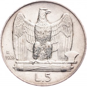 Vittorio Emanuele III, 5 Lire 1928, with 2 rosettes between guilloche and FERT