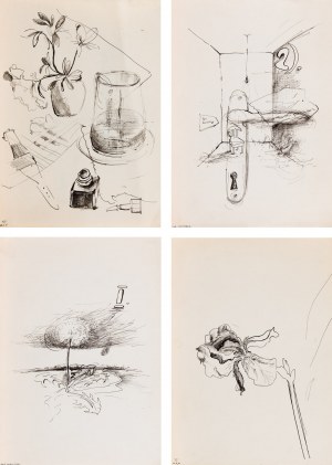 Ewa WIECZOREK (1947-2011), Zestaw czterech prac rysunkowych: 1. Do krainy 2. Dmuchawiec 3. Irys, 1976 4. Magnolie w wazonie i inne, 1975