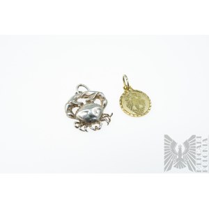 Two Zodiac Pendants Cancer, Silver 925 (larger) and 835 (Smaller, Gold Plated)
