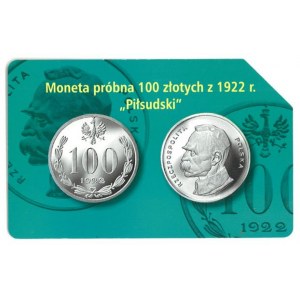 Karta telefoniczna. Moneta próbna 100 złotych z 1922 r. Piłsudski