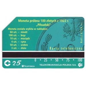 Karta telefoniczna. Moneta próbna 100 złotych z 1922 r. Piłsudski