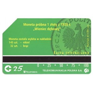 Karta telefoniczna. Moneta próbna 1 złoty z 1928 r. Wieniec dębowy