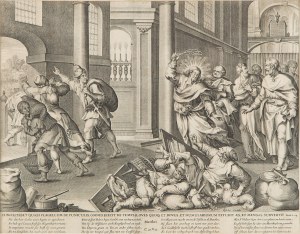 Claes Jansz. Visscher (1587 Amsterdam - 1652 Amsterdam), Jezus wypędza przekupniów ze Świątyni, 2. poł. XVII w.