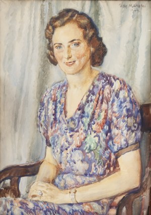 Józef Mehoffer (1869 Ropczyce - 1946 Wadowice), Portret kobiety w kwiecistej sukni, 1944