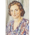 Józef Mehoffer (1869 Ropczyce - 1946 Wadowice), Porträt einer Frau in einem Blumenkleid, 1944