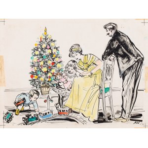 Antoni Uniechowski (1903 Vilnius - 1976 Warsaw), Christmas - playing by the Christmas tree, postcard design