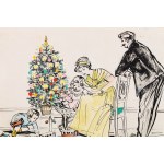 Antoni Uniechowski (1903 Vilnius - 1976 Warsaw), Christmas - playing by the Christmas tree, postcard design