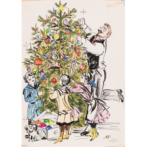 Antoni Uniechowski (1903 Vilnius - 1976 Warsaw), Christmas - dressing the Christmas tree, postcard design