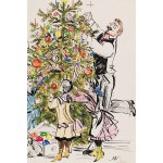 Antoni Uniechowski (1903 Vilnius - 1976 Warsaw), Christmas - dressing the Christmas tree, postcard design