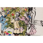 Antoni Uniechowski (1903 Vilnius - 1976 Varšava), Vánoce - zdobení vánočního stromku, návrh pohlednice