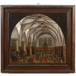 Bohemian painter 17th century, Vladislav Hall with the expulsion of the money changers from the temple.