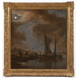Jan van Goyen (1596-1656), Jan van Goyen (1596-1656) - attributed. River landscape with boats in the moonlight