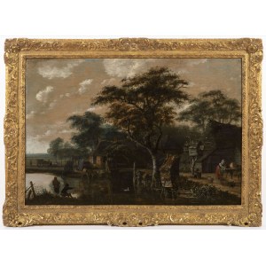 Haarlem master from the circle of Jacob van Ruisdael, Haarlem master from the circle of Jacob van Ruisdael, Trees and Huts on the Bank of the Canal