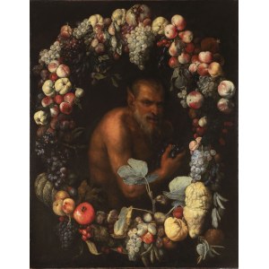Roman Caravaggist, 1st half of the 17th century, Roman Caravaggist, 1st half of the 17th century, Fruit Garland with Satyr