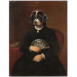 19th century English painter, 19th century English painter DOG PORTRAIT WITH FAN