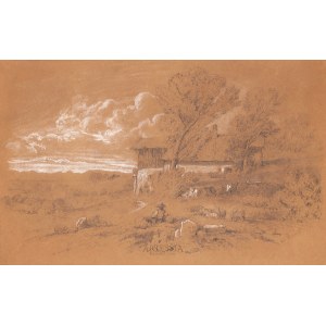 K. Pankiewicz, czynny 2 poł. XIX w., Sielski pejzaż z pasterzem, 1864