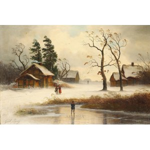 Gustav Lange (1811-1887), Winter landscape with houses and staffage