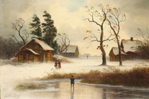 Gustav Lange (1811-1887), Pejzaż zimowy z domami i sztafażem