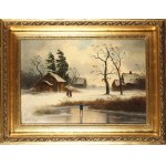 Gustav Lange (1811-1887), Pejzaż zimowy z domami i sztafażem
