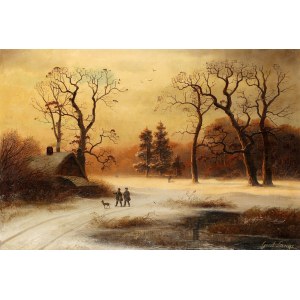 Gustav Lange (1811-1887), Pejzaż zimowy z chatą i myśliwymi