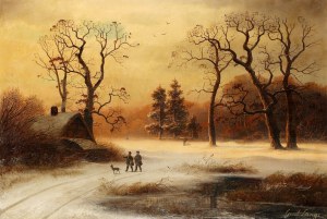 Gustav Lange (1811-1887), Pejzaż zimowy z chatą i myśliwymi