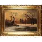 Gustav Lange (1811-1887), Winter landscape with cottage and hunters