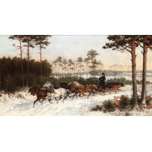 Edward Domaniewski (1830-1883), Schlittenfahrt in Winterlandschaft, 1877