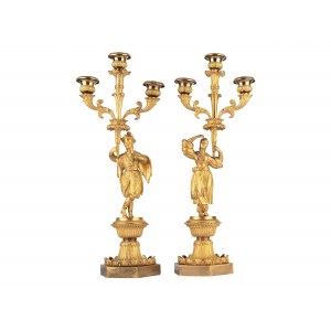 Pair of candlesticks with chinoiseries, Around 1830, Bronze fire-gilt, colourfully painted