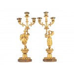 Pair of candlesticks with chinoiseries, Around 1830, Bronze fire-gilt, colourfully painted