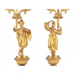 Pair of candlesticks with chinoiseries, Around 1830, Bronze fire-gilt, colourfully painted