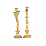Pair of candlesticks with chinoiseries, Around 1830, Bronze fire-gilt, colourfully painted