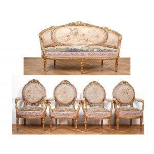 Five-piece seating set: 1 bench & 4 armchairs, Louis XVI style around 1900